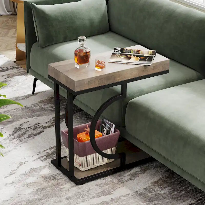 Table d'appoint en forme de C à 2 niveaux pour fauteuil