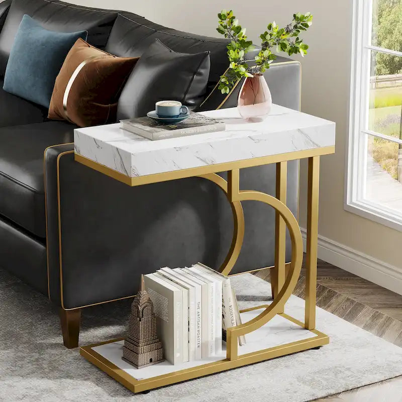 Table d'appoint en forme de C à 2 niveaux pour fauteuil