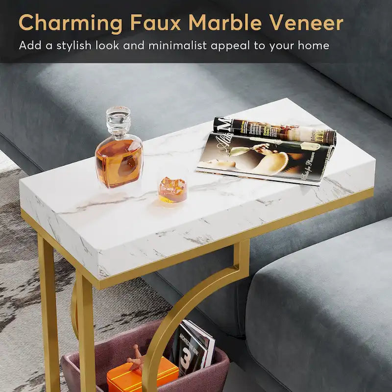 Table d'appoint en forme de C à 2 niveaux pour fauteuil