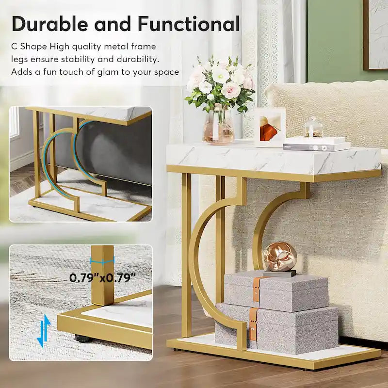 Table d'appoint en forme de C à 2 niveaux pour fauteuil