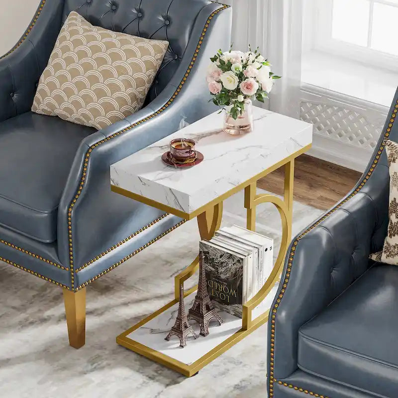 Table d'appoint en forme de C à 2 niveaux pour fauteuil