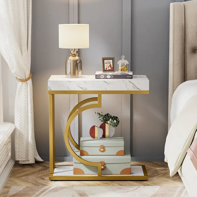 Table d'appoint en forme de C à 2 niveaux pour fauteuil