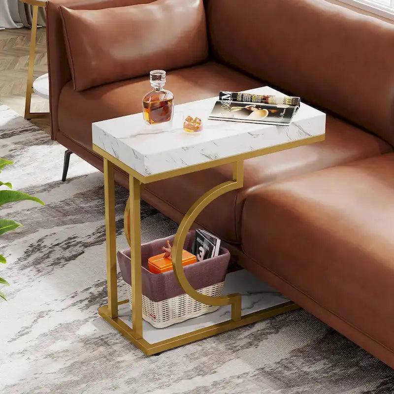 Table d'appoint en forme de C à 2 niveaux pour fauteuil