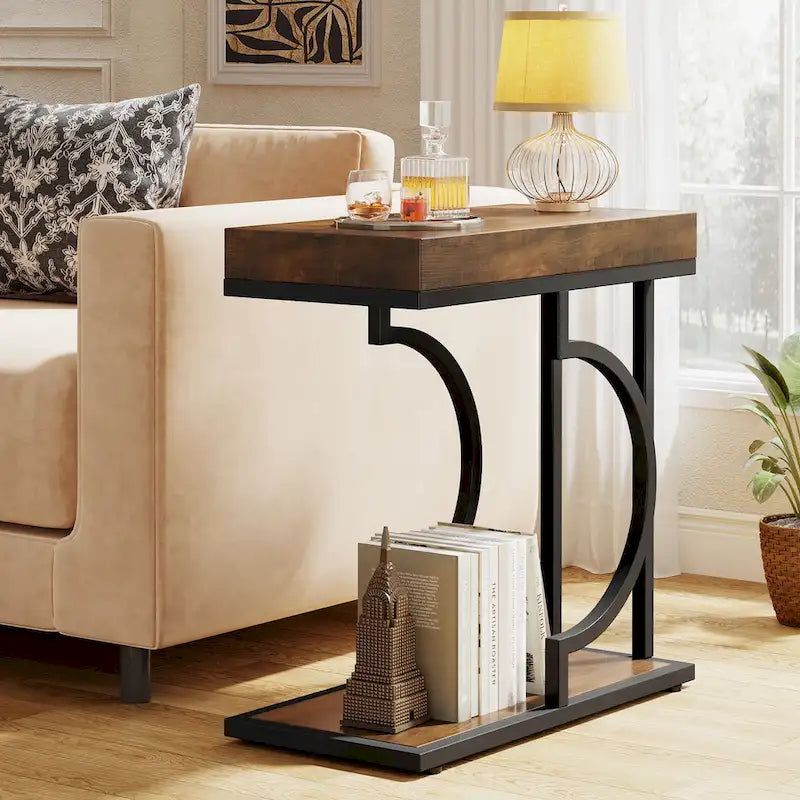 Table d'appoint en forme de C à 2 niveaux pour fauteuil