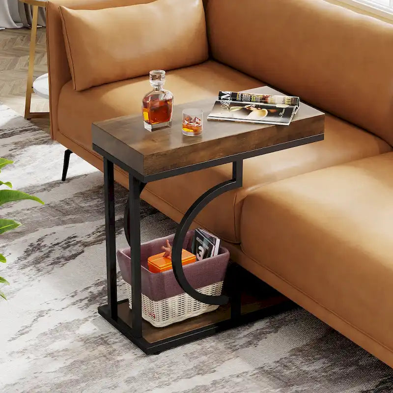 Table d'appoint en forme de C à 2 niveaux pour fauteuil