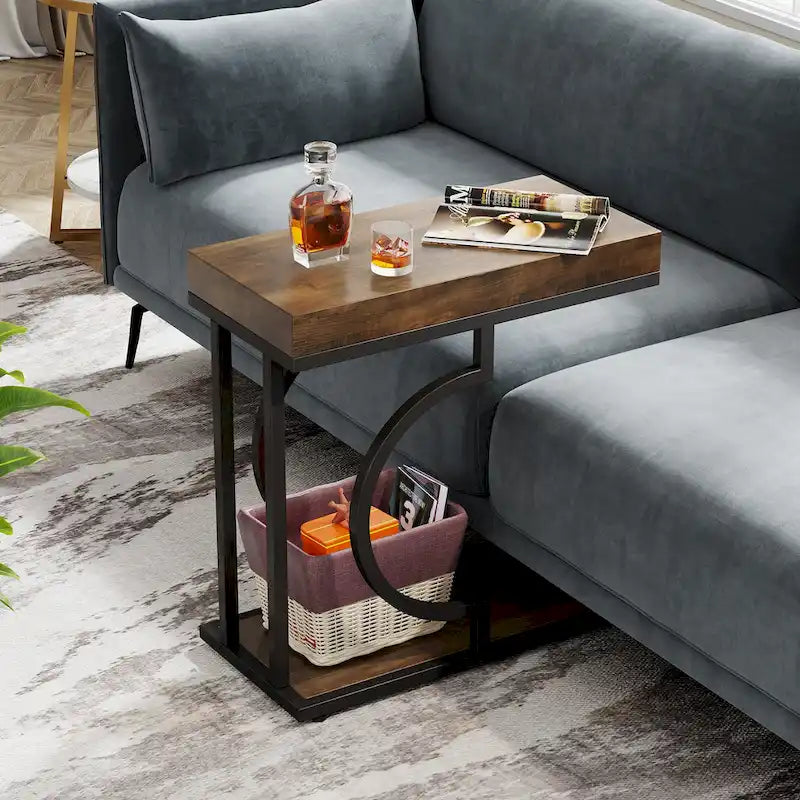 Table d'appoint en forme de C à 2 niveaux pour fauteuil