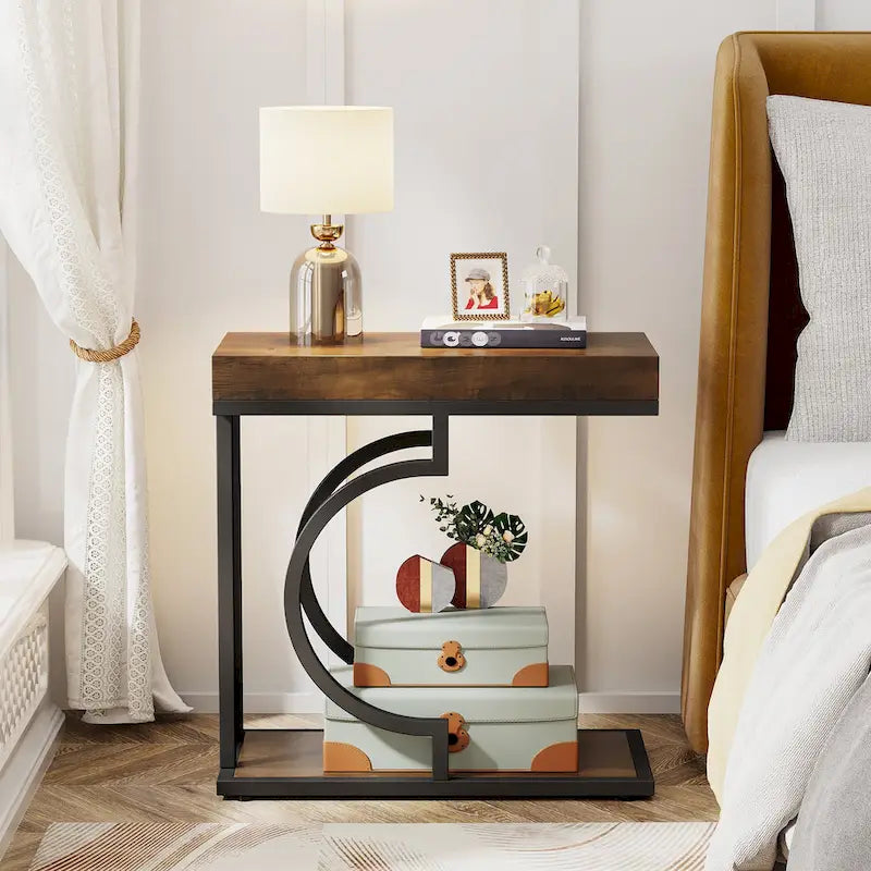 Table d'appoint en forme de C à 2 niveaux pour fauteuil