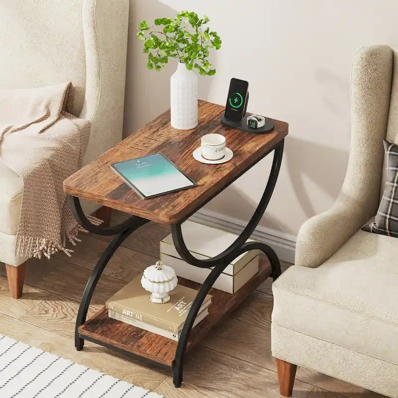 Table d'appoint rectangulaire à 2 niveaux en bois et métal