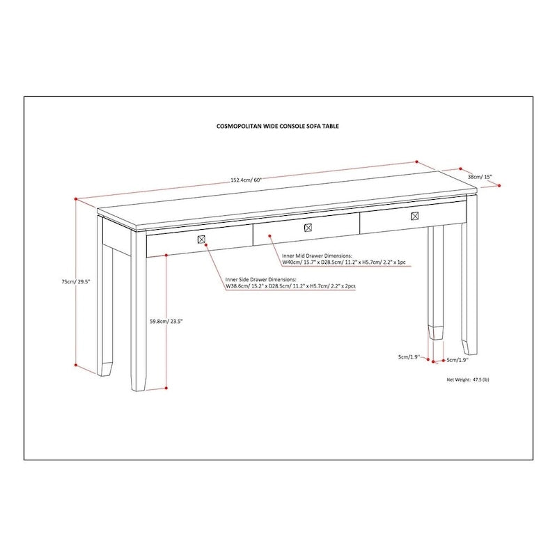 Console/table basse contemporaine large en bois massif