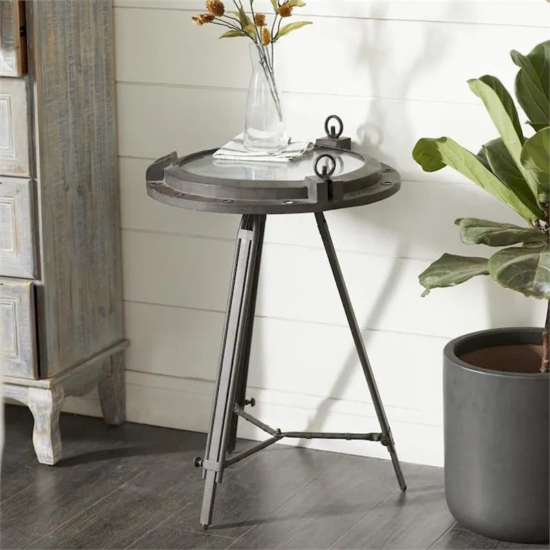 Table basse ronde industrielle en métal avec horloge