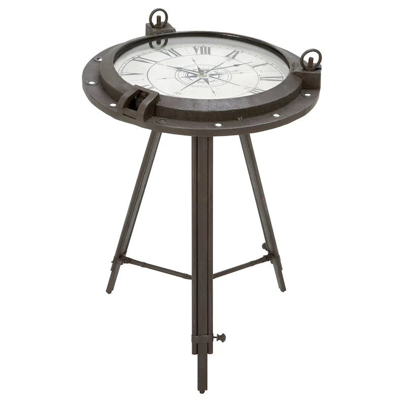 Table basse ronde industrielle en métal avec horloge