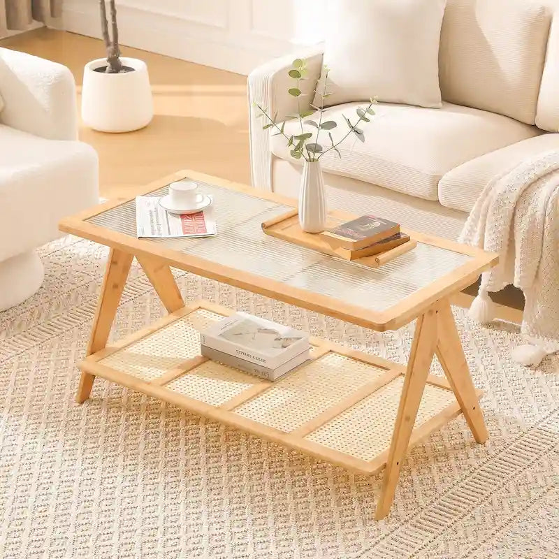 Table basse rectangulaire à 2 niveaux, table d'appoint avec plateau en verre