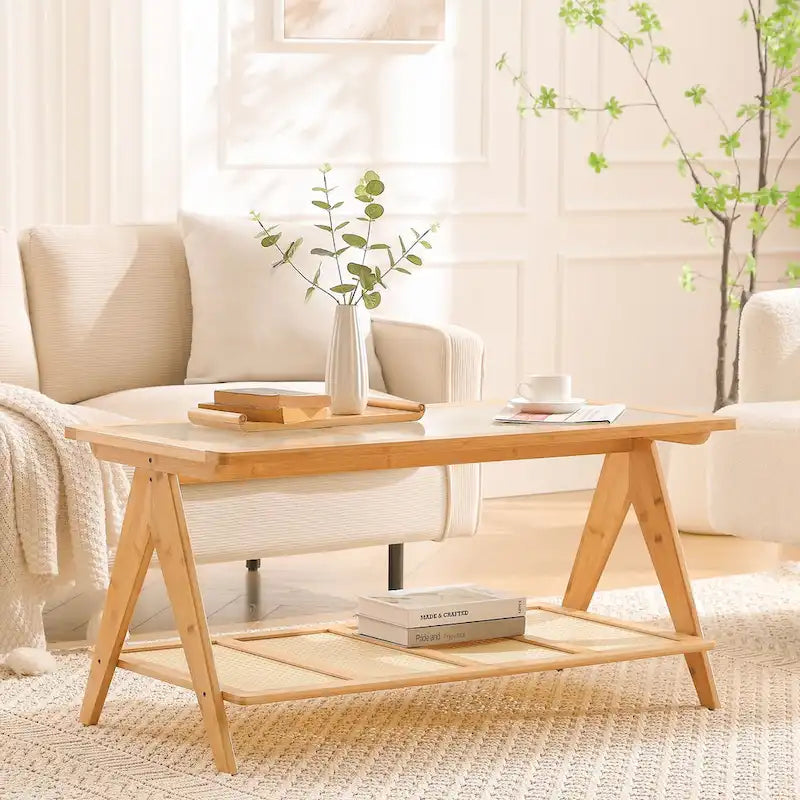 Table basse rectangulaire à 2 niveaux, table d'appoint avec plateau en verre