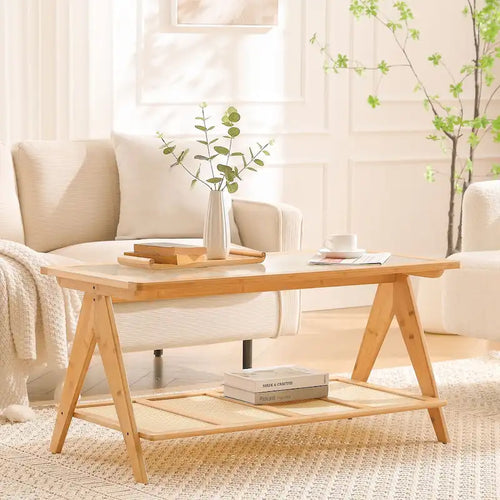 Table basse rectangulaire à 2 niveaux, table d'appoint avec plateau en verre