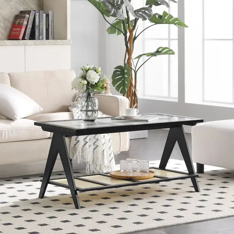 Table basse rectangulaire à 2 niveaux, table d'appoint avec plateau en verre