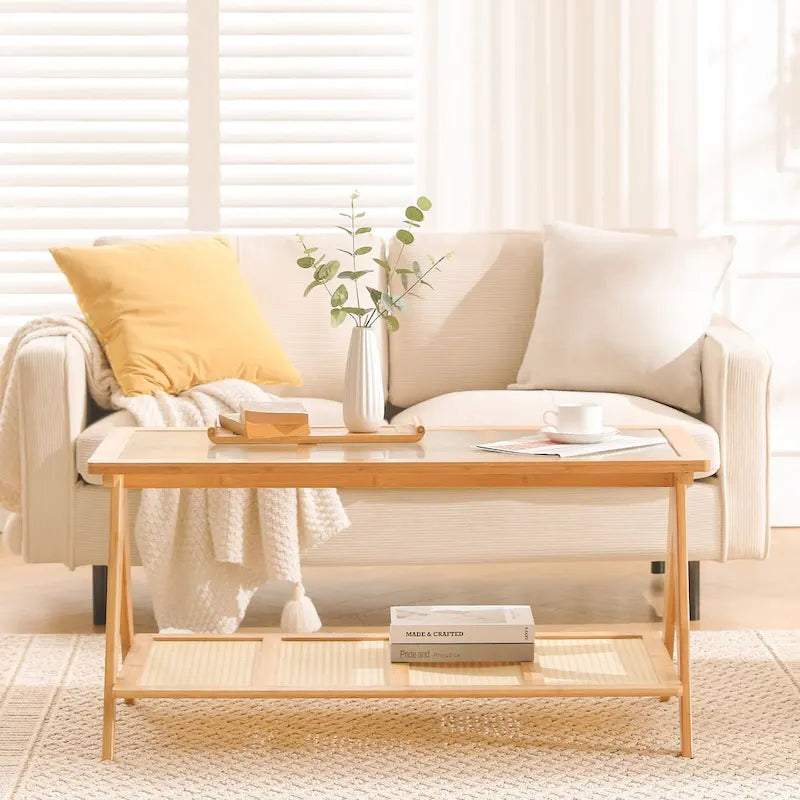 Table basse rectangulaire à 2 niveaux, table d'appoint avec plateau en verre