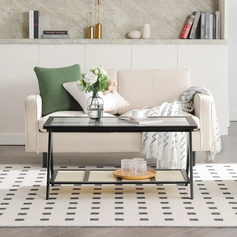 Table basse rectangulaire à 2 niveaux, table d'appoint avec plateau en verre