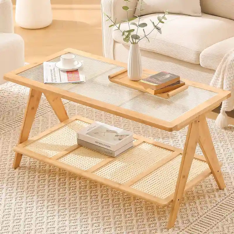 Table basse rectangulaire à 2 niveaux, table d'appoint avec plateau en verre