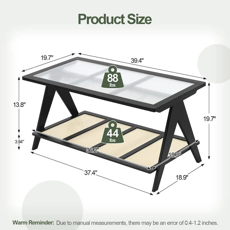 Table basse rectangulaire à 2 niveaux, table d'appoint avec plateau en verre