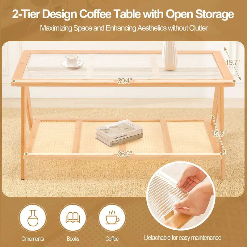 Table basse rectangulaire à 2 niveaux, table d'appoint avec plateau en verre