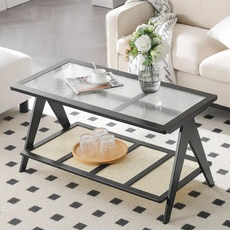 Table basse rectangulaire à 2 niveaux, table d'appoint avec plateau en verre