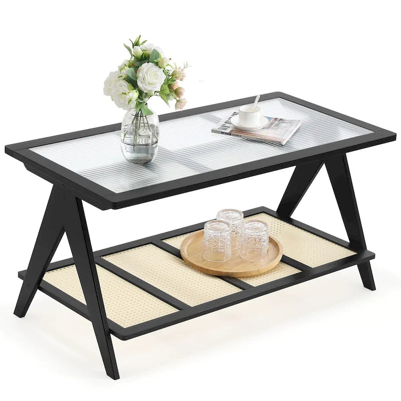 Table basse rectangulaire à 2 niveaux, table d'appoint avec plateau en verre