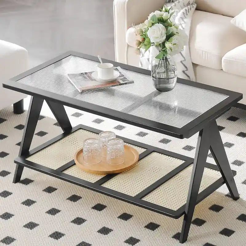 Table basse rectangulaire à 2 niveaux, table d'appoint avec plateau en verre