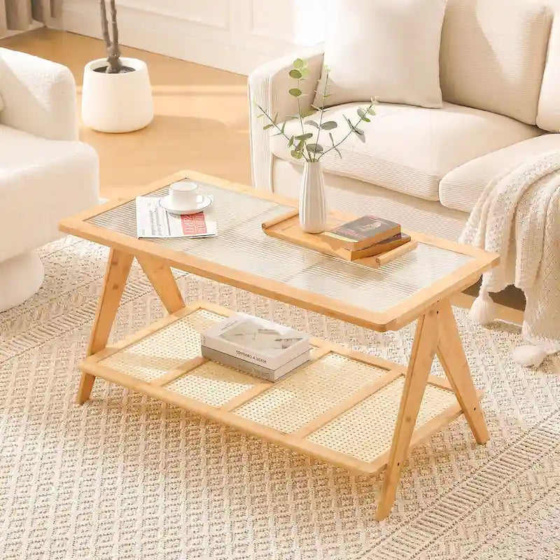 Table basse rectangulaire à 2 niveaux, table d'appoint avec plateau en verre