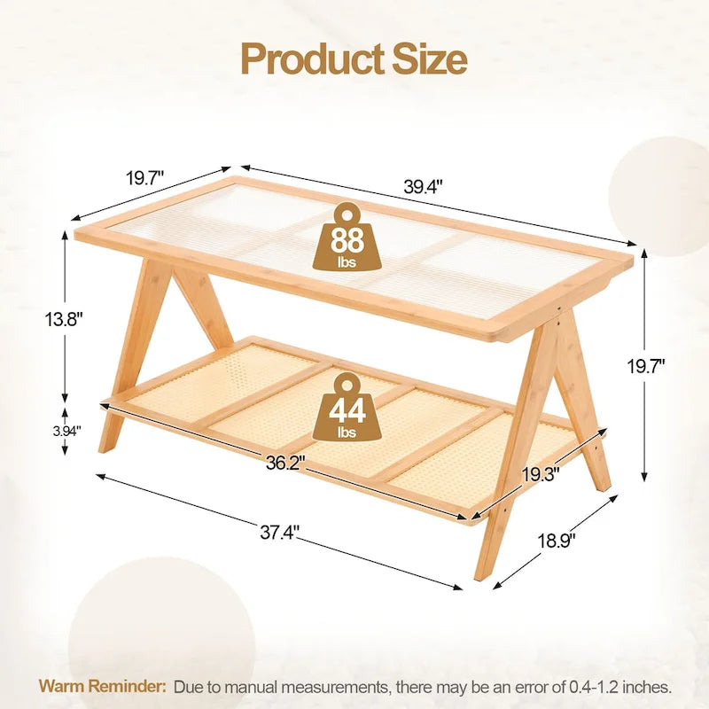 Table basse rectangulaire à 2 niveaux, table d'appoint avec plateau en verre