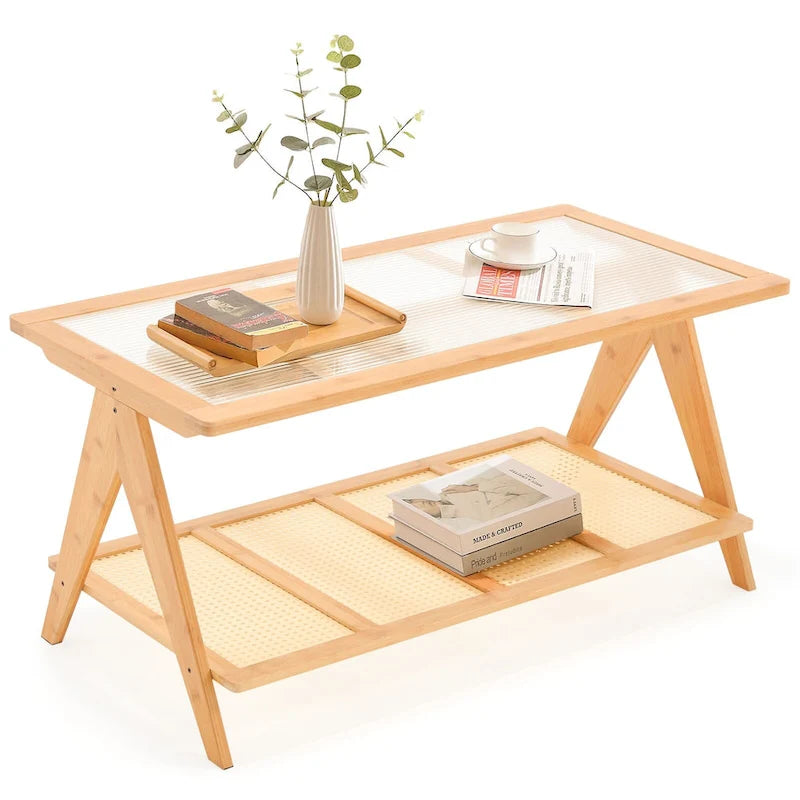 Table basse rectangulaire à 2 niveaux, table d'appoint avec plateau en verre