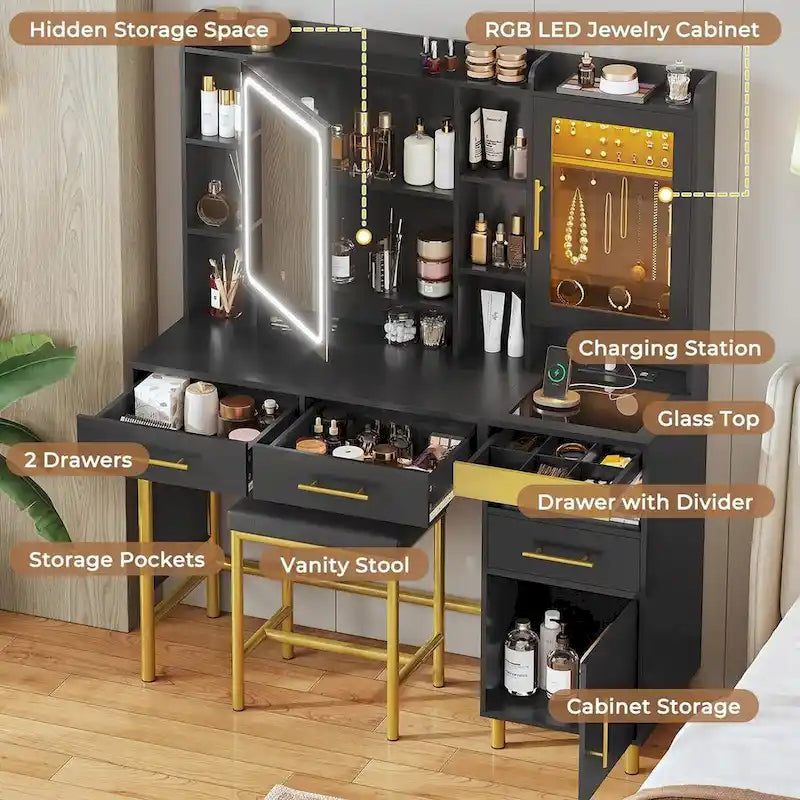 Coiffeuse avec espace de rangement caché et meuble à bijoux