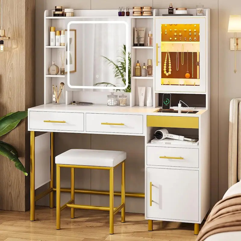 Coiffeuse avec espace de rangement caché et meuble à bijoux