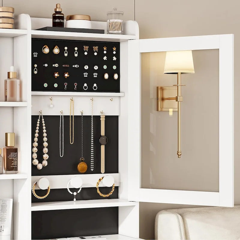 Coiffeuse avec espace de rangement caché et meuble à bijoux