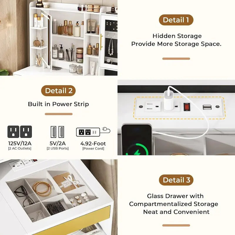 Coiffeuse avec espace de rangement caché et meuble à bijoux