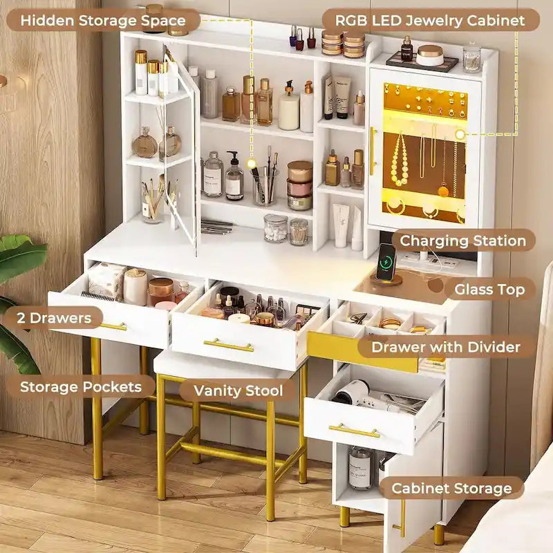 Coiffeuse avec espace de rangement caché et meuble à bijoux