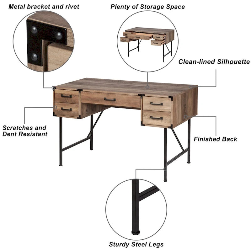 Bureau de style ferme moderne à 5 tiroirs