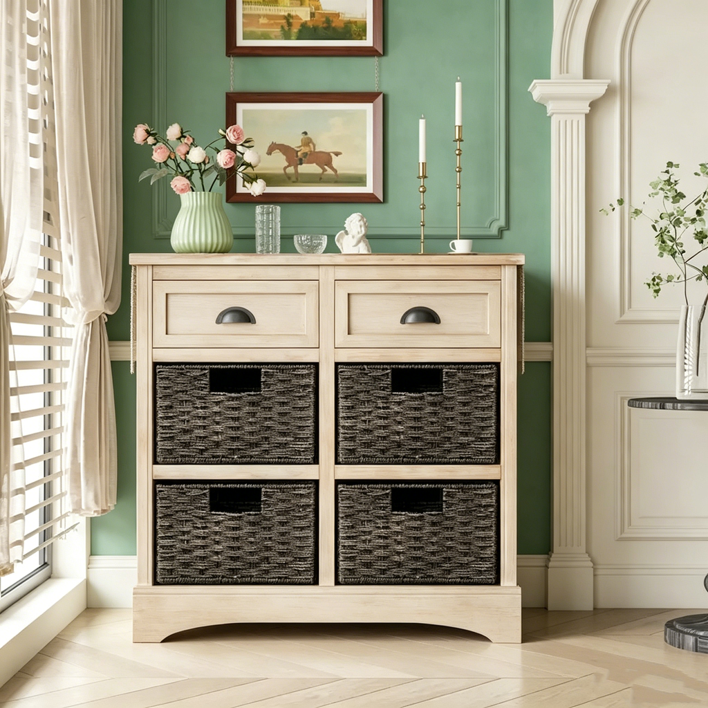 Meuble de rangement avec deux tiroirs et quatre paniers classiques en rotin
