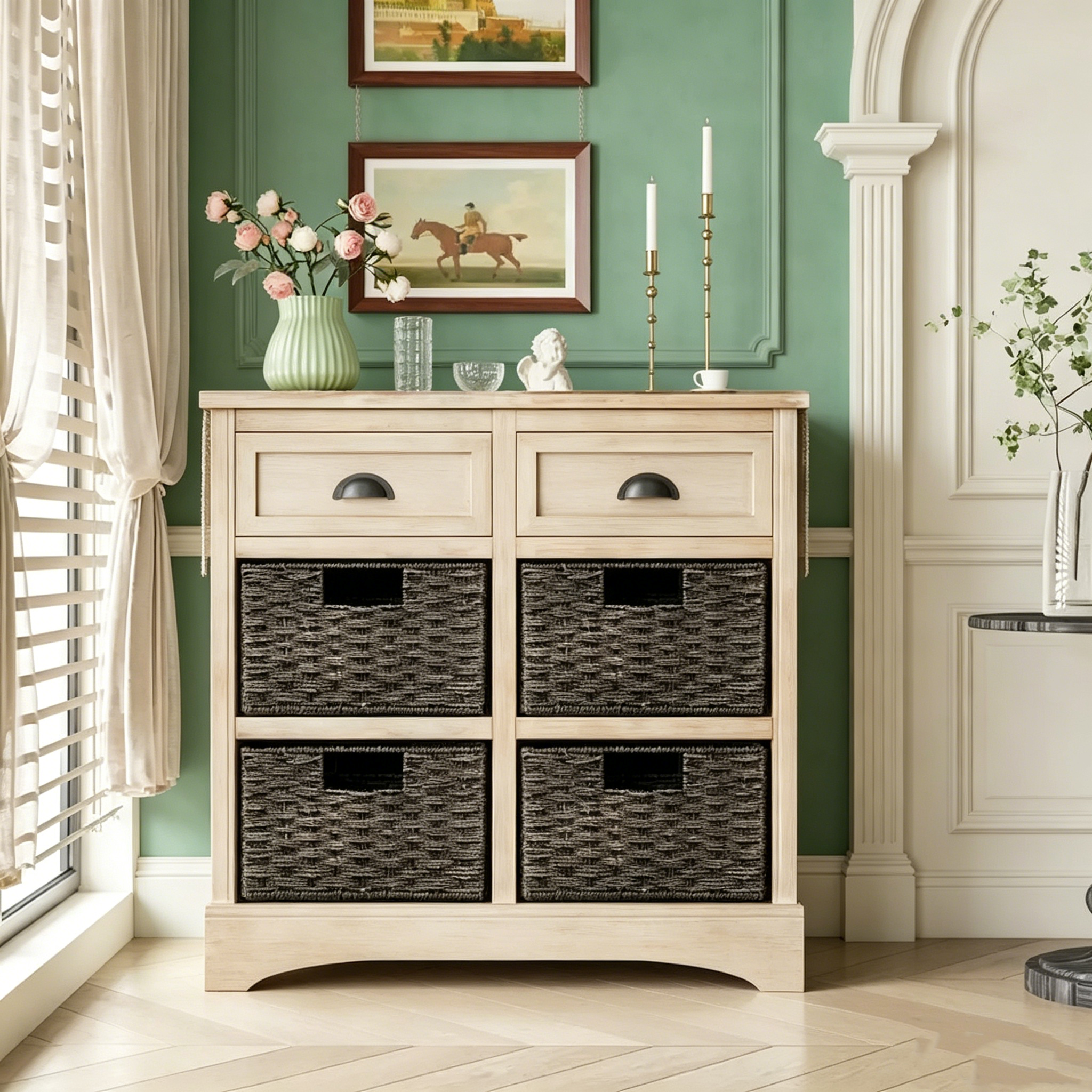 Meuble de rangement avec deux tiroirs et quatre paniers classiques en rotin