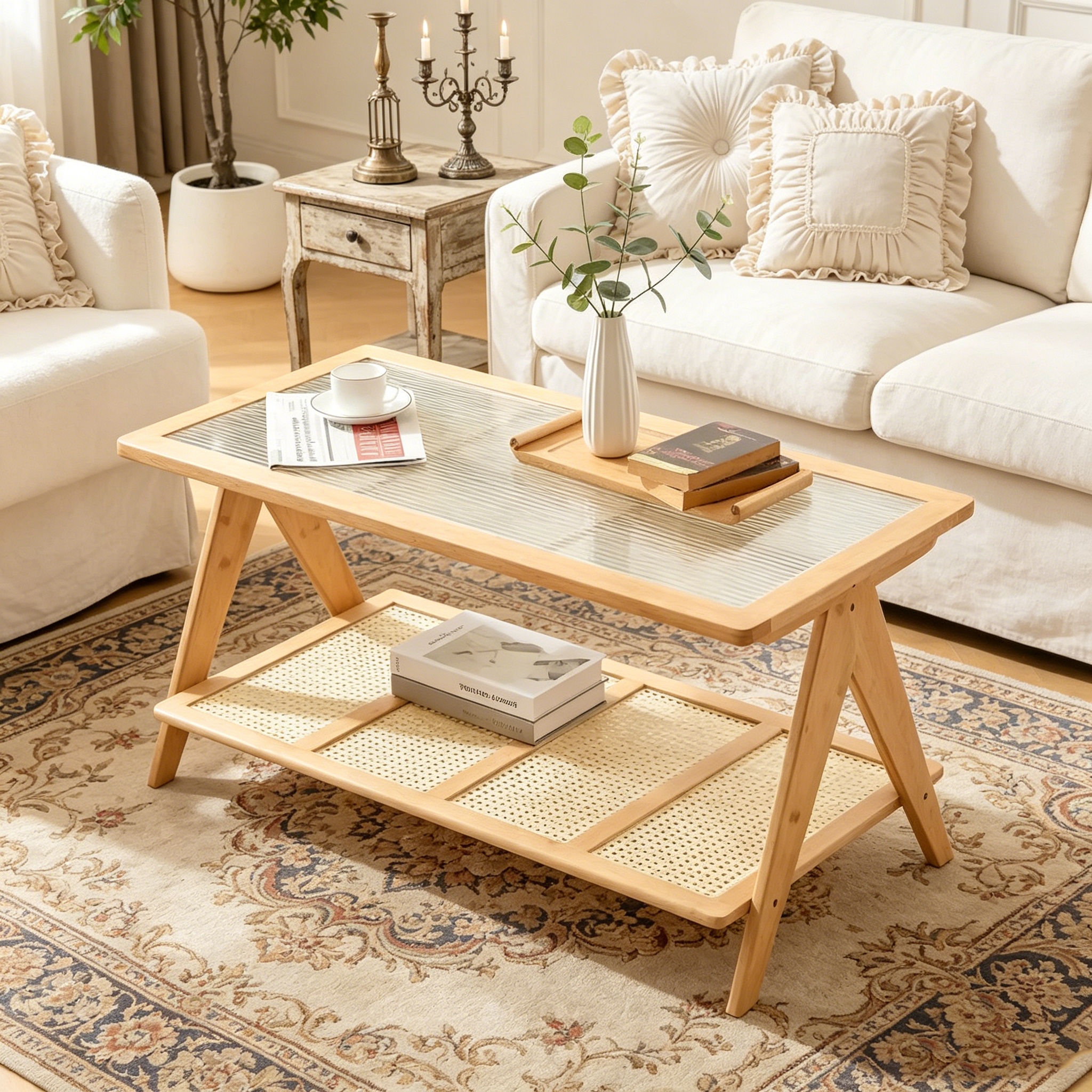 Table basse rectangulaire à 2 niveaux, table d'appoint avec plateau en verre